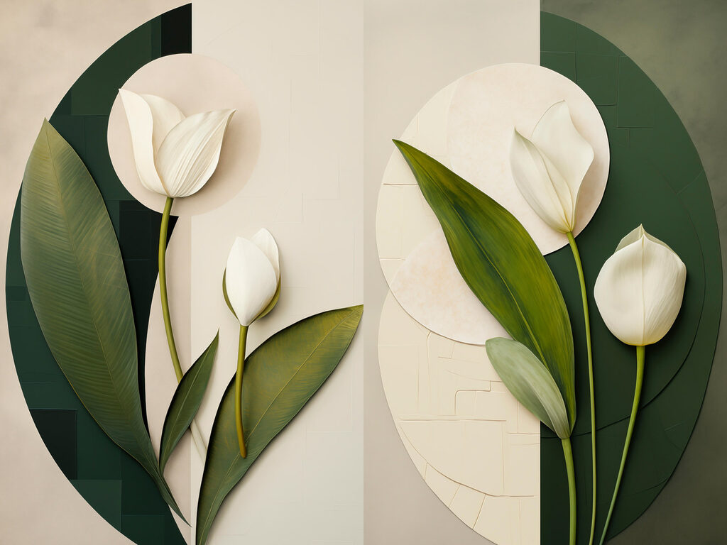 Collage of white flowers and green leaves