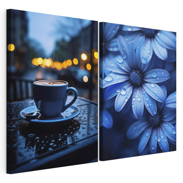 Een kopje koffie op een tafel met bloemen Modulaire canvasprint Een kopje koffie op een tafel met bloemen