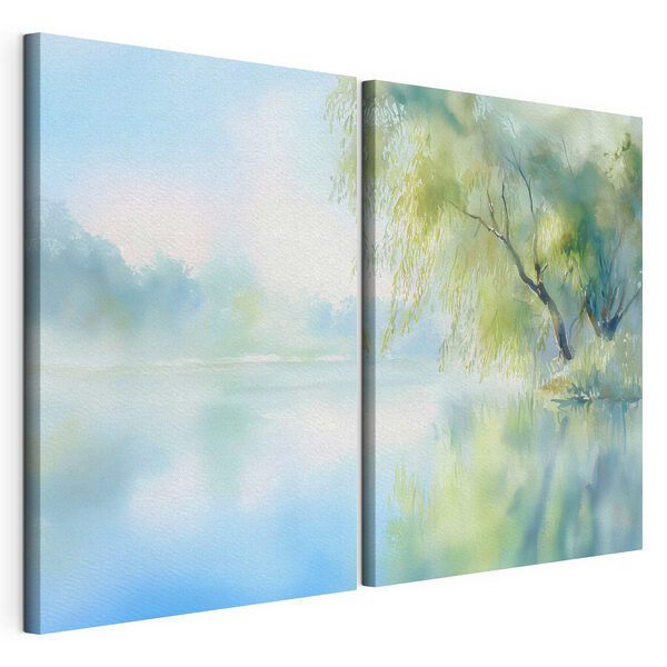 Aquarelschilderij van een boom en een meer Modulaire canvasprint Aquarelschilderij van een boom en een meer