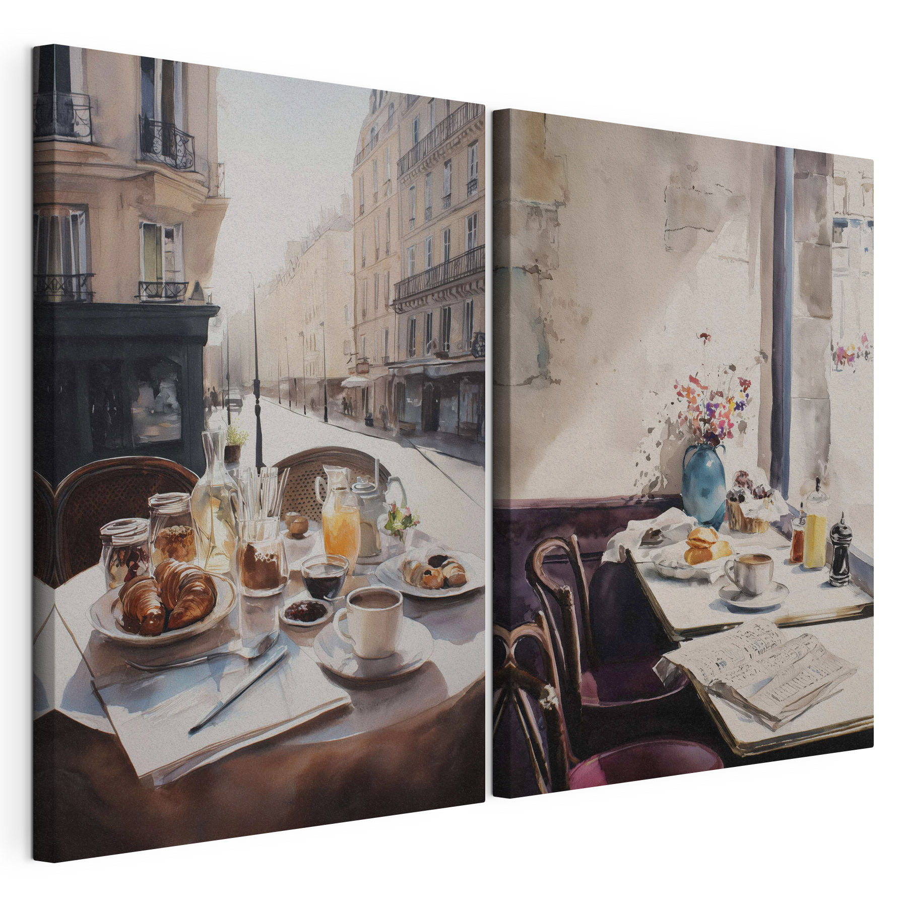 Watercolor painting of a table with food and drinks on it Watercolor painting of a table with food and drinks on it