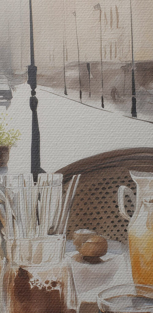 Watercolor painting of a table with food and drinks on it Watercolor painting of a table with food and drinks on it
