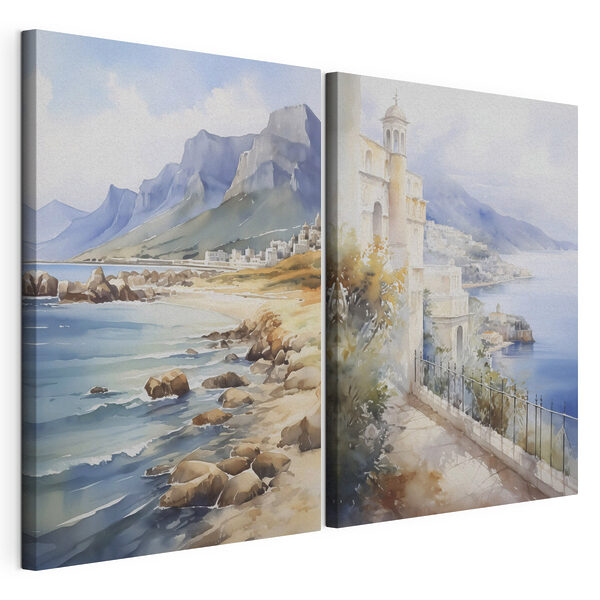 Aquarelschilderij van een stad en een strand Modulaire canvasprint Aquarelschilderij van een stad en een strand