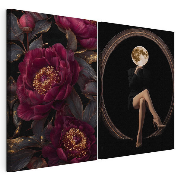Collage van een vrouw die op een bloem zit Modulaire canvasprint Collage van een vrouw die op een bloem zit