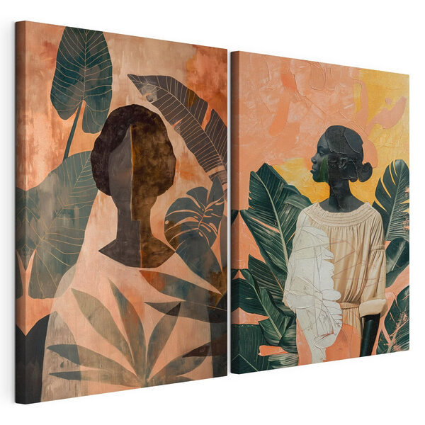 Collage van schilderijen van een vrouw en een vrouw met bladeren Modulaire canvasprint Collage van schilderijen van een vrouw en een vrouw met bladeren