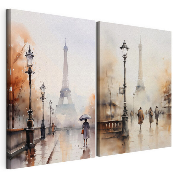 Aquarelschilderij van een straat in de stad en een vrouw die met een paraplu loopt Modulaire canvasprint Aquarelschilderij van een straat in de stad en een vrouw die met een paraplu loopt