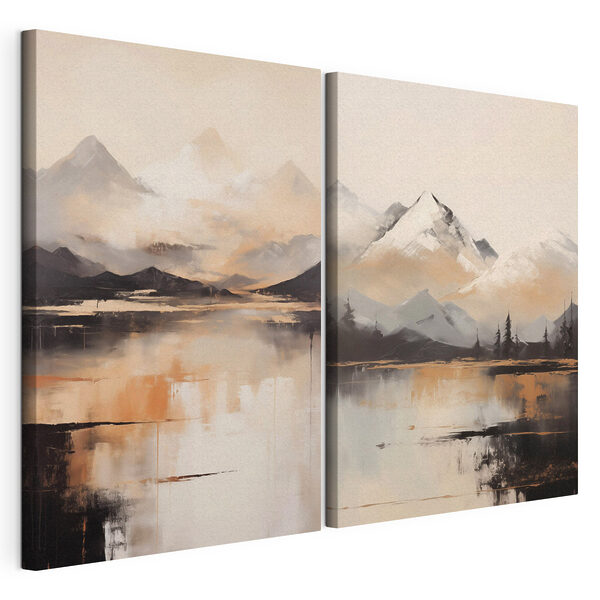 Schilderij van bergen en een meer Modulaire canvasprint Schilderij van bergen en een meer