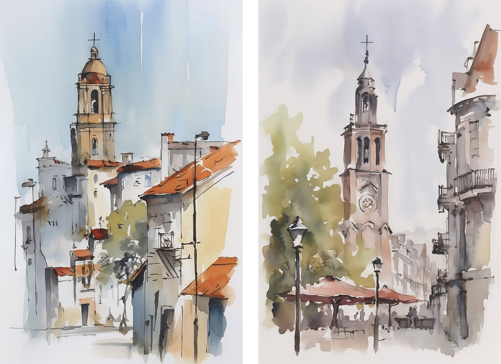 Watercolor of a church and a building