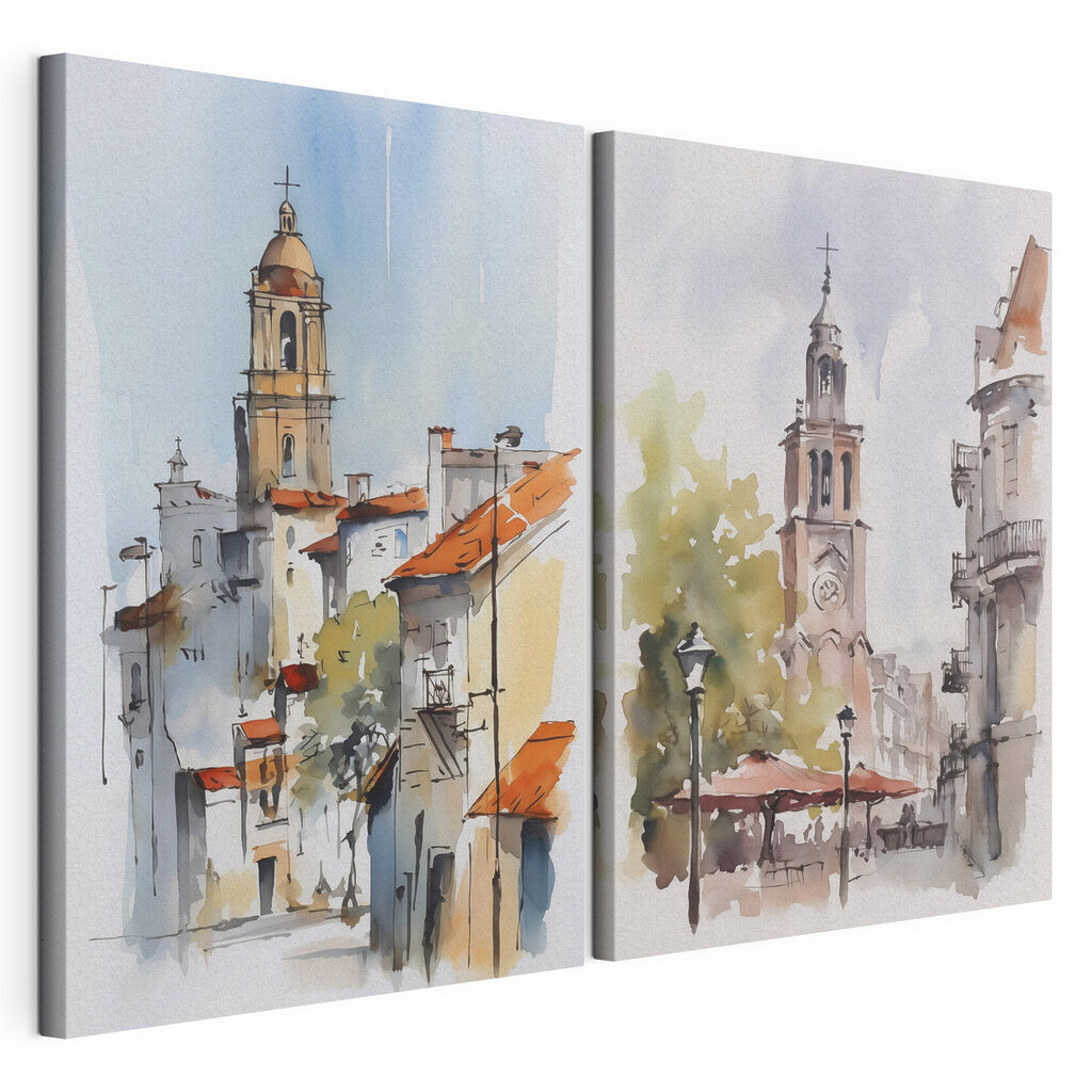 Watercolor of a church and a building