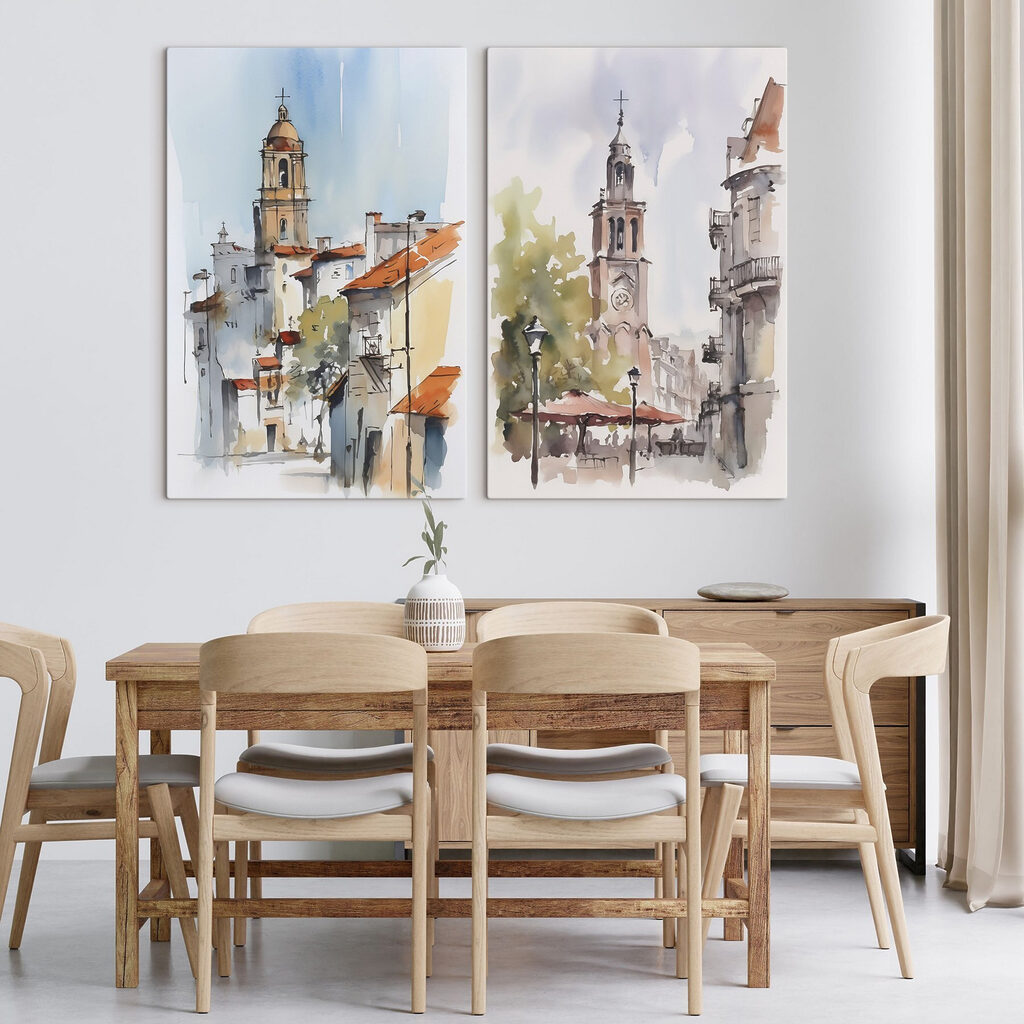 Watercolor of a church and a building