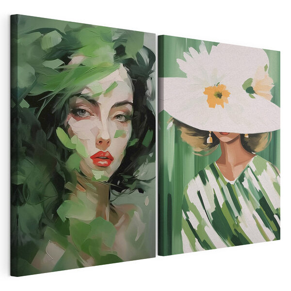 Twee foto's van vrouwen met bladeren Modulaire canvasprint Twee foto's van vrouwen met bladeren