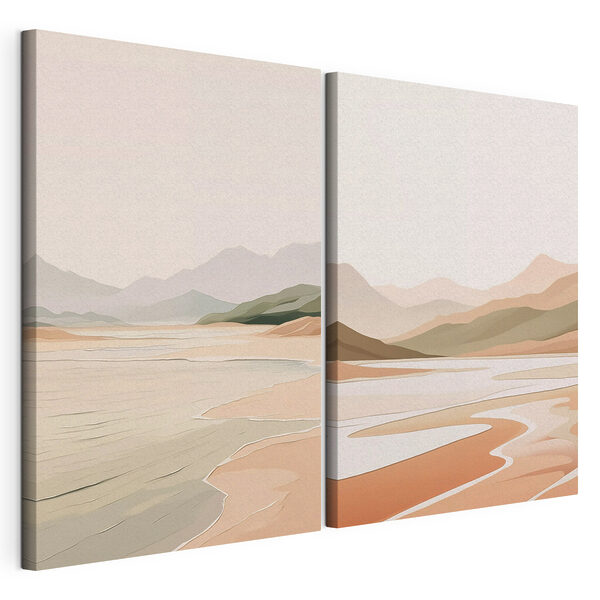 Screenshot van een schilderij van een strand en bergen Modulaire canvasprint Screenshot van een schilderij van een strand en bergen