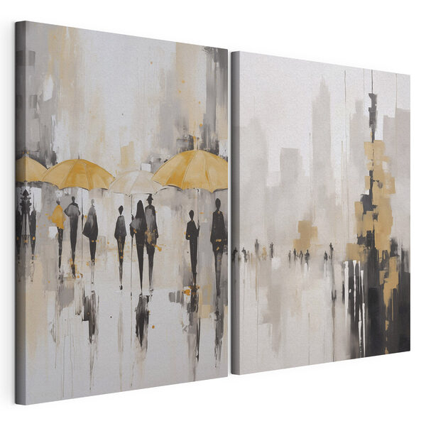 Schilderij van mensen die met paraplu’s lopen Modulaire canvasprint Schilderij van mensen die met paraplu’s lopen