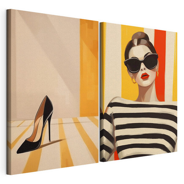 Vrouw met een zonnebril en een gestreept shirt Modulaire canvasprint Vrouw met een zonnebril en een gestreept shirt