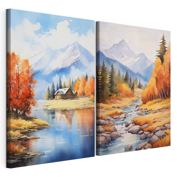 Aquarelschilderij van een huis en een rivier Modulaire canvasprint Aquarelschilderij van een huis en een rivier