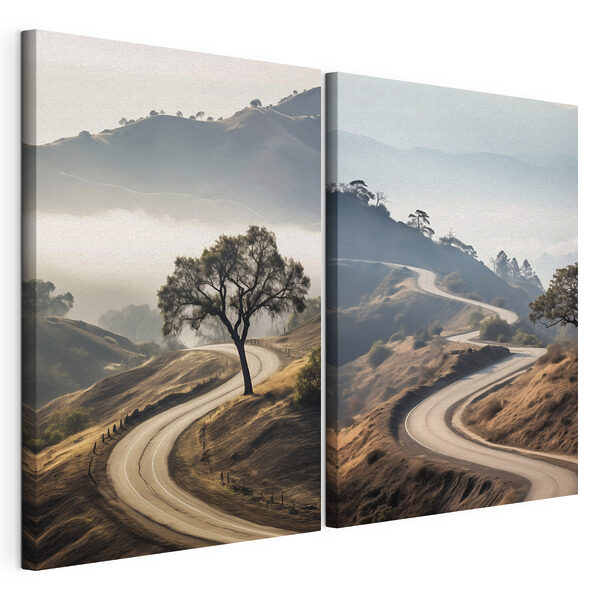 Modulaire canvasprint Een bochtige weg met een boom erop