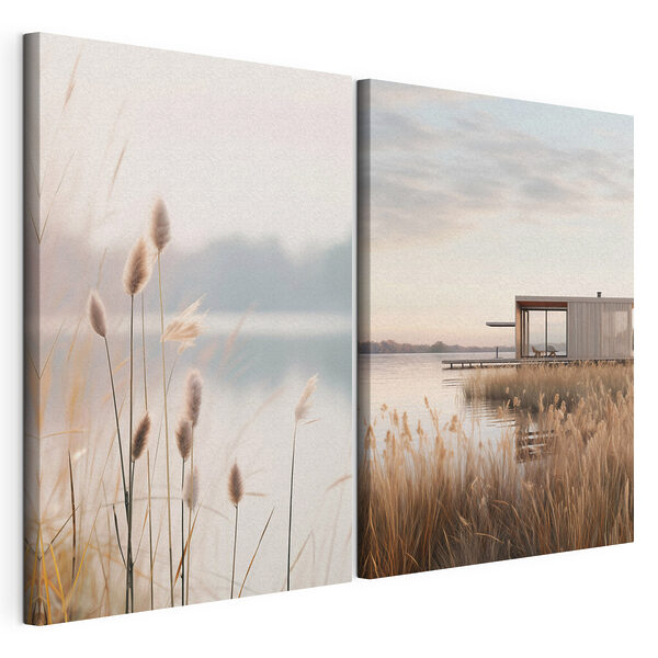 Meer met een steiger en een klein gebouwtje Modulaire canvasprint Meer met een steiger en een klein gebouwtje