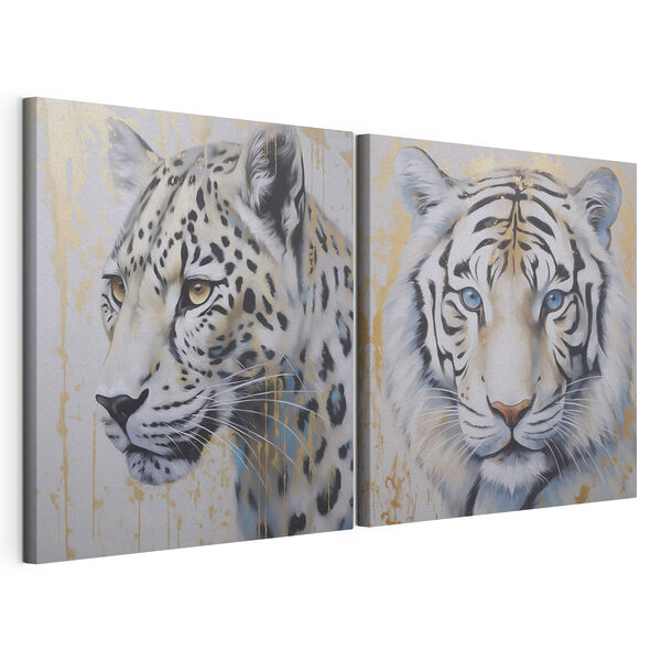 Twee schilderijen van tijgers en luipaarden Modulaire canvasprint Twee schilderijen van tijgers en luipaarden