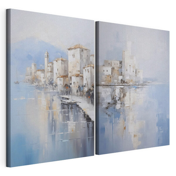 Schilderij van een stad en een waterpartij Modulaire canvasprint Schilderij van een stad en een waterpartij