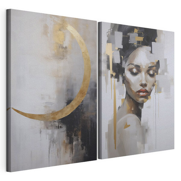 Een schilderij van een vrouw en een schilderij van een maan Modulaire canvasprint Een schilderij van een vrouw en een schilderij van een maan