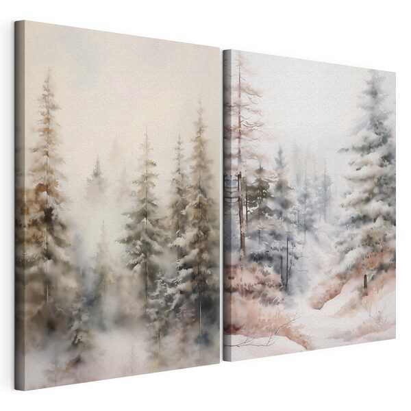 Schilderij van bomen in de sneeuw Modulaire canvasprint Schilderij van bomen in de sneeuw
