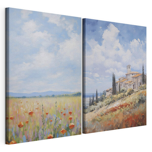 Modulaire canvasprint Schilderij van een landschap met een gebouw en een bloemenveld