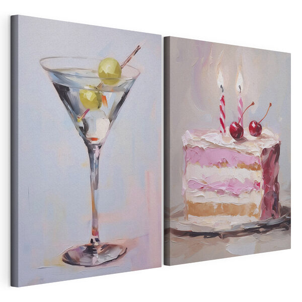 Schilderij van een taart en een martiniglas met fruit erin Modulaire canvasprint Schilderij van een taart en een martiniglas met fruit erin