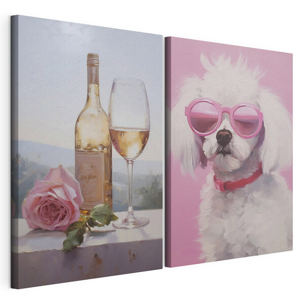 Modulaire canvasprint Schilderij van een hond en een wijnglas