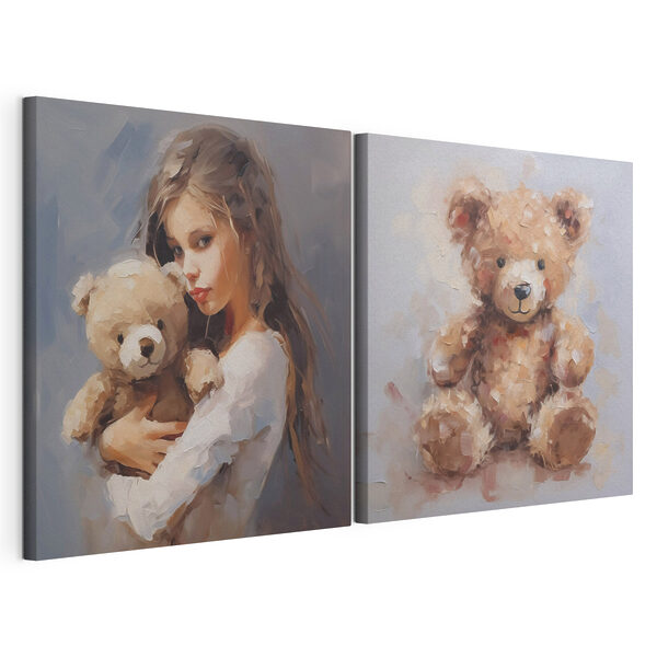 Meisje met een knuffelbeertje in haar armen Modulaire canvasprint Meisje met een knuffelbeertje in haar armen
