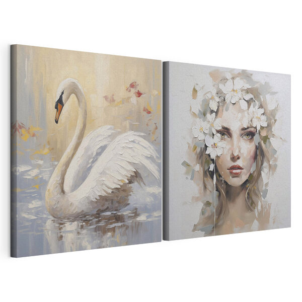 Modulaire canvasprint Schilderij van een vrouw met bloemen in haar haar en een zwaan