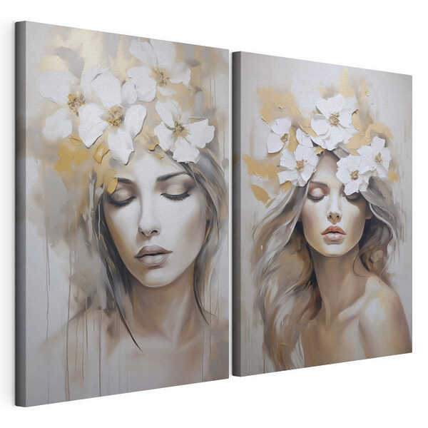 Schilderij van een vrouw met bloemen op haar hoofd Modulaire canvasprint Schilderij van een vrouw met bloemen op haar hoofd