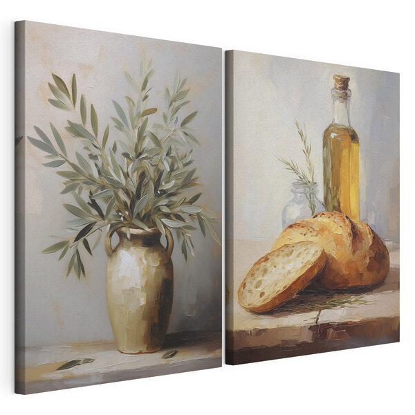 Schilderij van eten en een vaas met olijfolie Modulaire canvasprint Schilderij van eten en een vaas met olijfolie