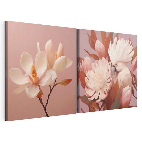 Fijne bloesems en een schattig vogeltje Modulaire canvasprint Fijne bloesems en een schattig vogeltje