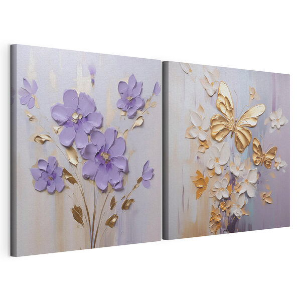 Schilderij van bloemen en vlinders Modulaire canvasprint Schilderij van bloemen en vlinders