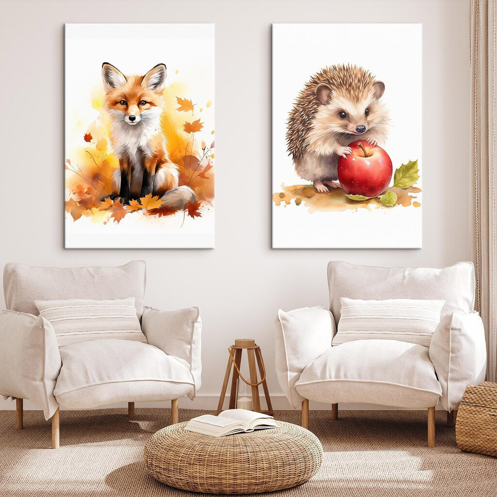 Fox and hedgehog holding an apple