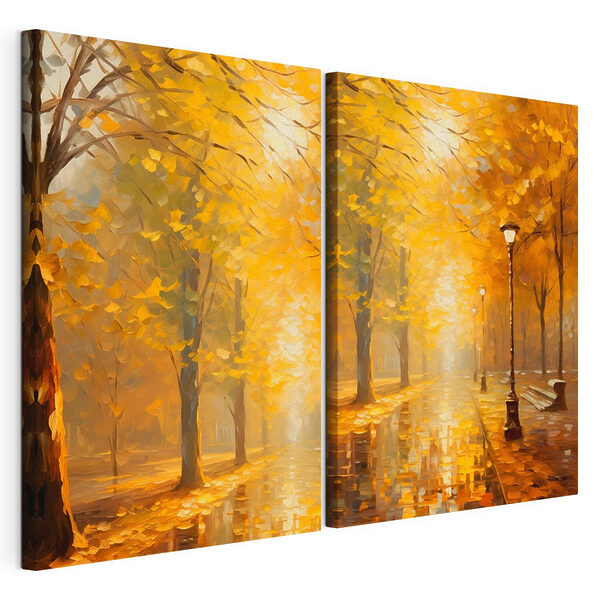 Schilderij van een straat met bomen en een lantaarnpaal Modulaire canvasprint Schilderij van een straat met bomen en een lantaarnpaal