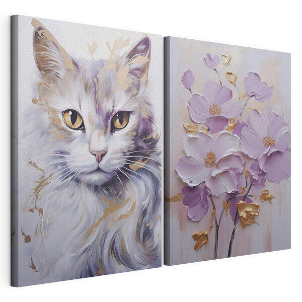 Een schilderij van een kat en een schilderij van bloemen Modulaire canvasprint Een schilderij van een kat en een schilderij van bloemen