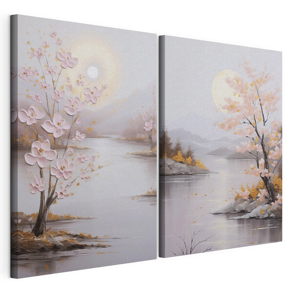 Schilderij van een rivier en een boom met roze bloemen Modulaire canvasprint Schilderij van een rivier en een boom met roze bloemen