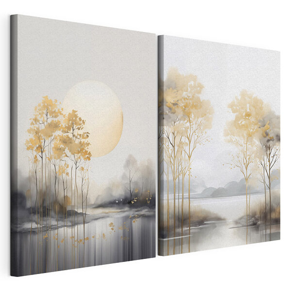 Schilderij van bomen en een meer Modulaire canvasprint Schilderij van bomen en een meer
