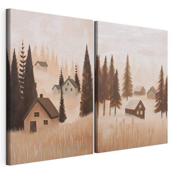 Schilderij van een dorp in de mist Modulaire canvasprint Schilderij van een dorp in de mist