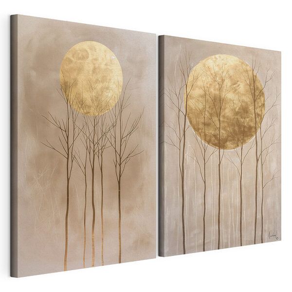 Twee schilderijen van bomen en de maan Modulaire canvasprint Twee schilderijen van bomen en de maan