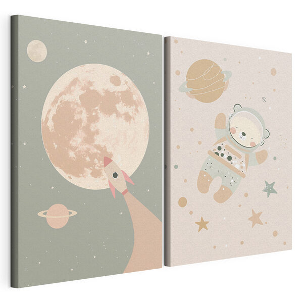 Modulaire canvasprint Twee posters van een beer en een raket in de ruimte