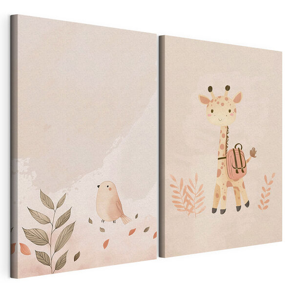 Giraffe en vogel Modulaire canvasprint Giraffe en vogel