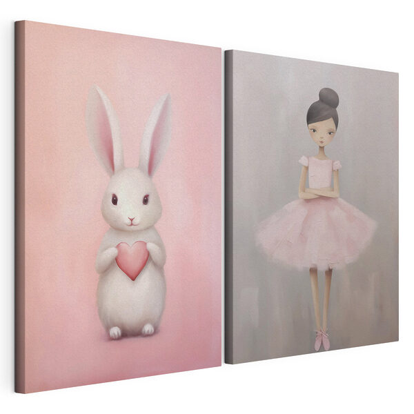 Twee schilderijen van een meisje en een konijn Modulaire canvasprint Twee schilderijen van een meisje en een konijn