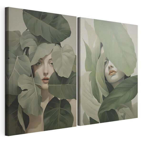 Het gezicht van een vrouw, omringd door bladeren Modulaire canvasprint Het gezicht van een vrouw, omringd door bladeren