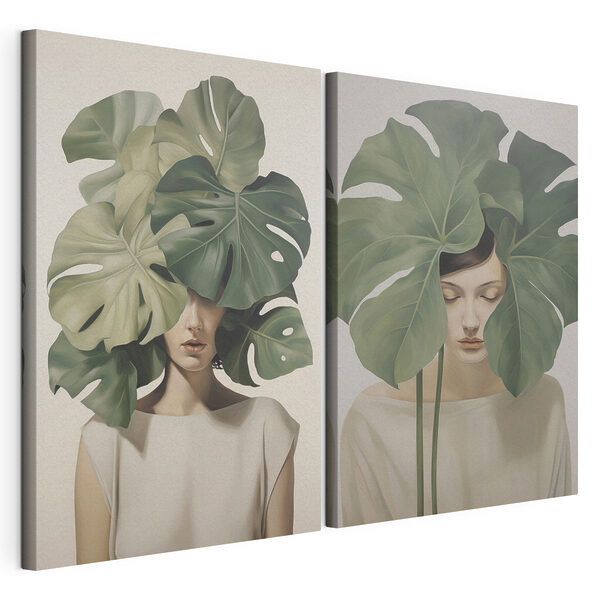 Twee afbeeldingen van een vrouw met bladeren op haar hoofd Modulaire canvasprint Twee afbeeldingen van een vrouw met bladeren op haar hoofd