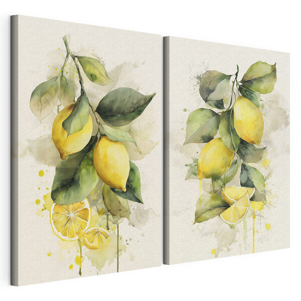 Schilderij van citroenen aan een tak Modulaire canvasprint Schilderij van citroenen aan een tak