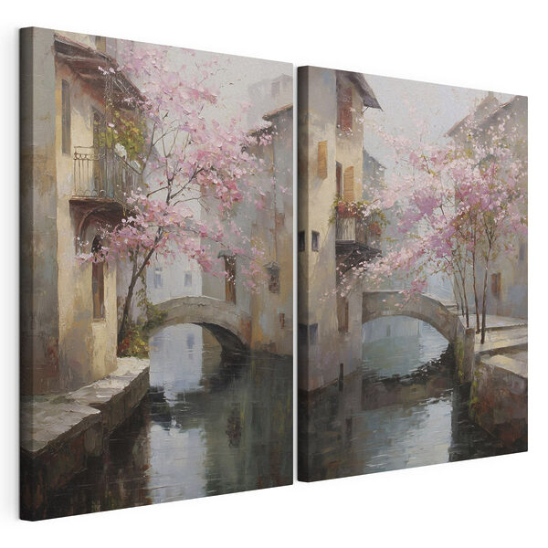 Schilderij van een brug over een rivier Modulaire canvasprint Schilderij van een brug over een rivier