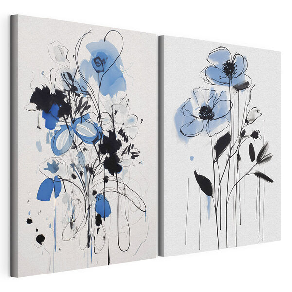 Schilderij van bloemen met zwarte en blauwe verf Modulaire canvasprint Schilderij van bloemen met zwarte en blauwe verf