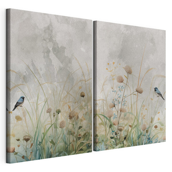 Schilderij van bloemen en gras Modulaire canvasprint Schilderij van bloemen en gras