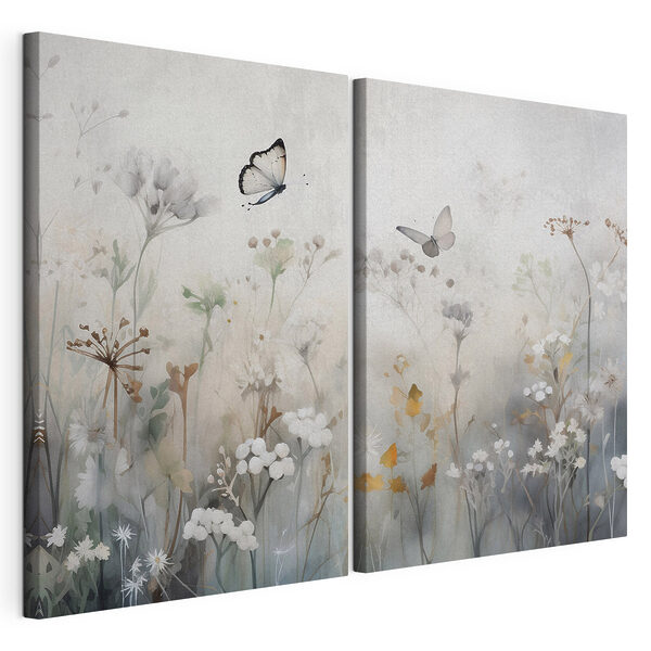 Modulaire canvasprint Schilderij van bloemen en vlinders